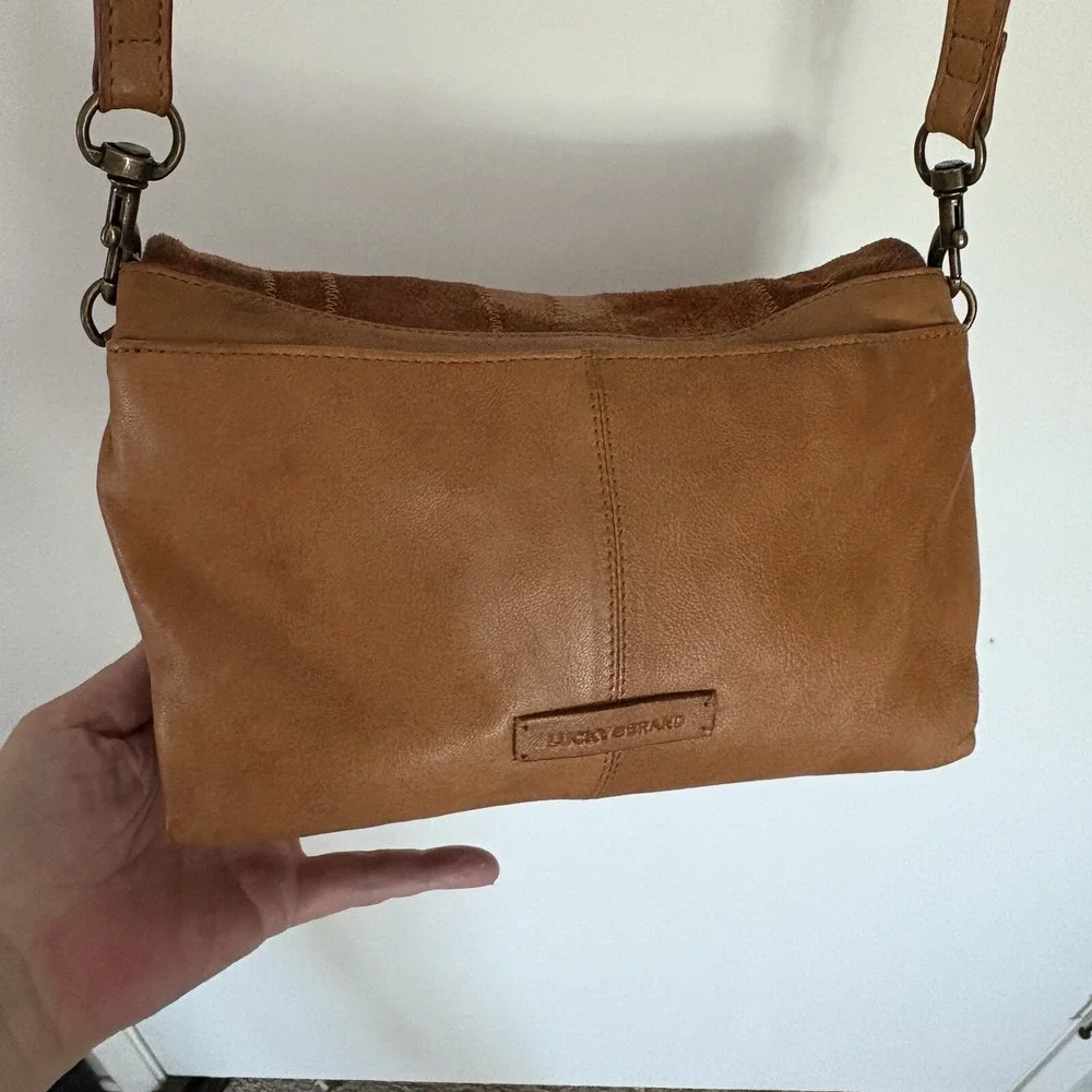 Lucky Brand Patchwork Tan Leather Convertible Crossbody Hippy Boho 90's